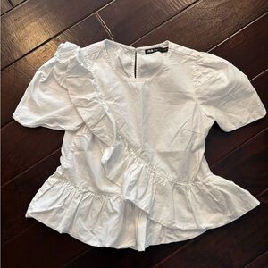 Ina White Ruffle Peplum Puff Sleeve Blouse Size Small